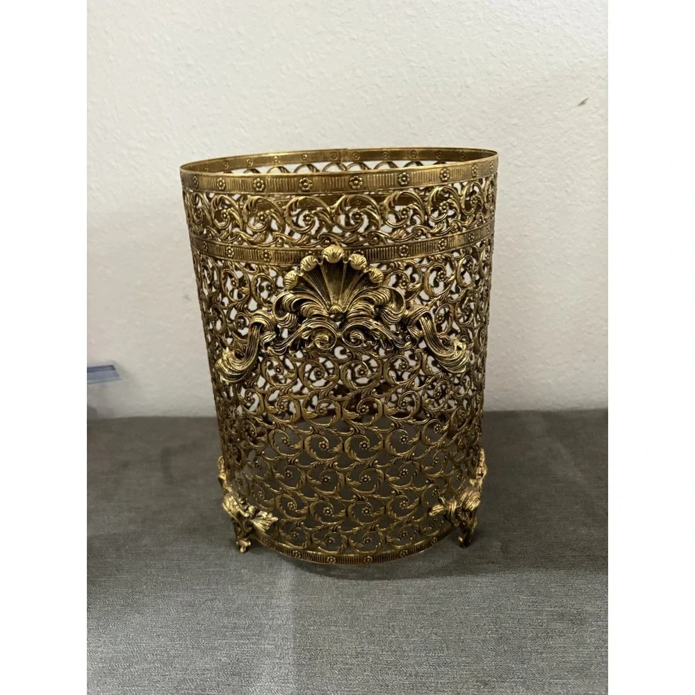 Hollywood Regency Gold Filigree Scroll Footed Trash Can NO Liner 11
